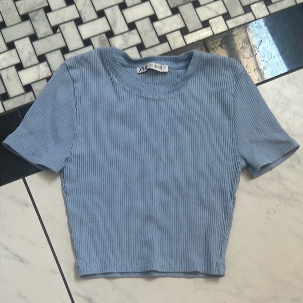 Zara Blue Ribbed Crop T-Shirt Short Sleeve